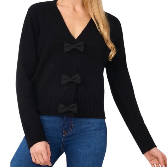 CeCe Women’s Bow Button V-Neck Cardigan Sweater Black Size L - Picture 1 of 3